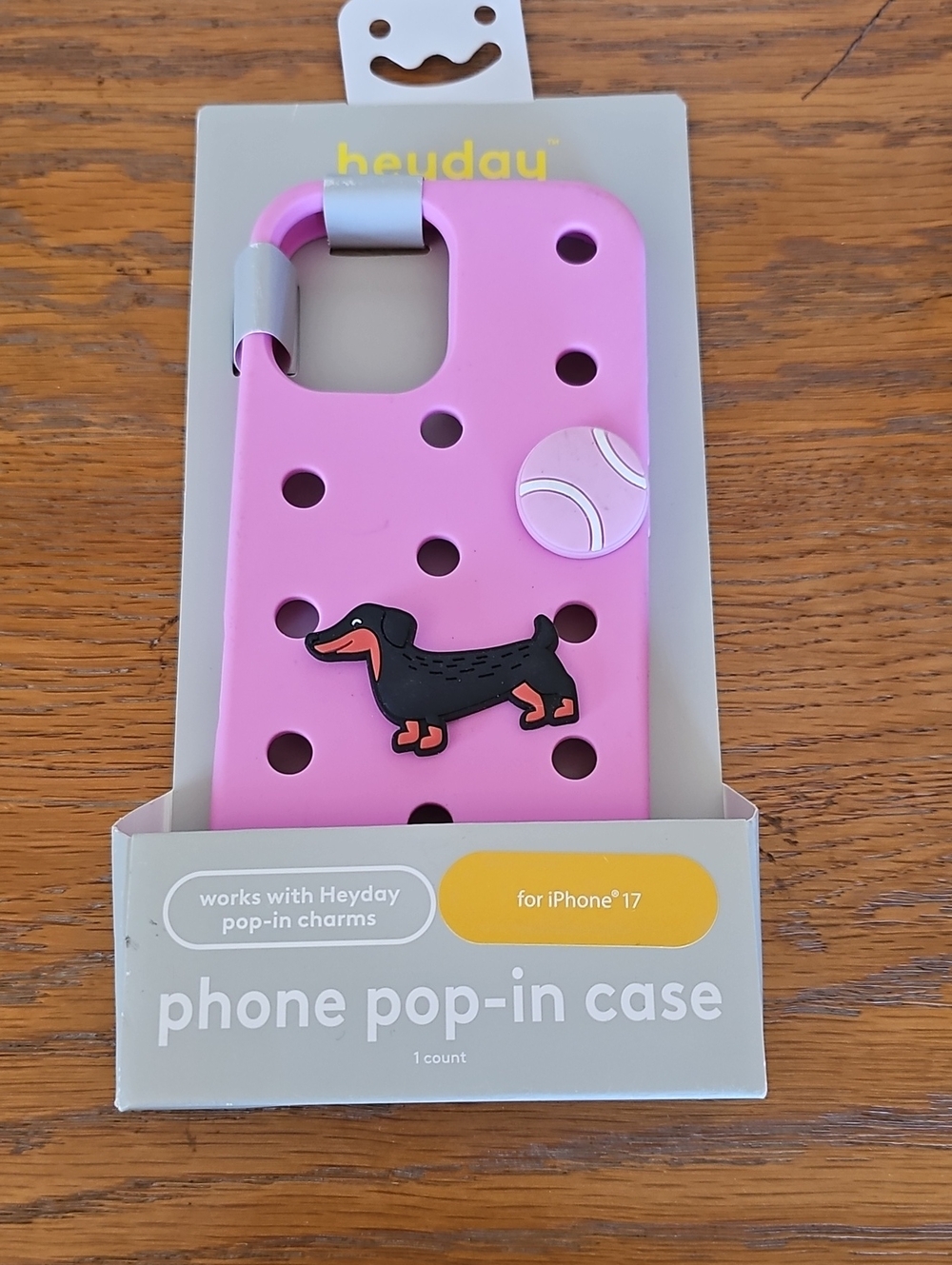 NEW heyday iPhone 17 Pop-In Charm Phone Case Pink Dachshund Tennis Ball